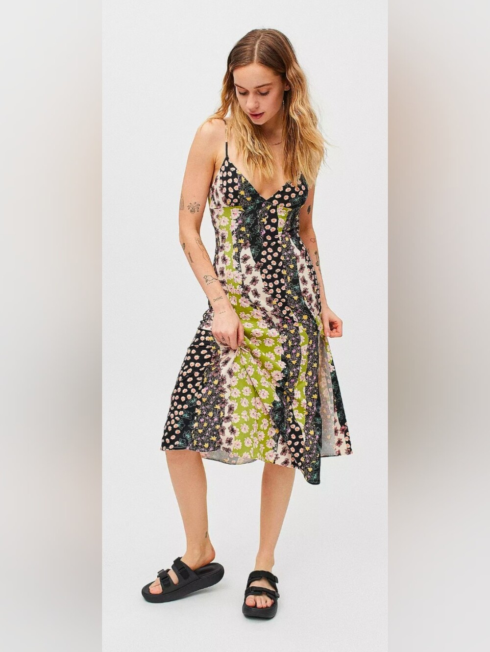 Urban Outfitters Floral Patchwork Slip Dress in Black and Olive